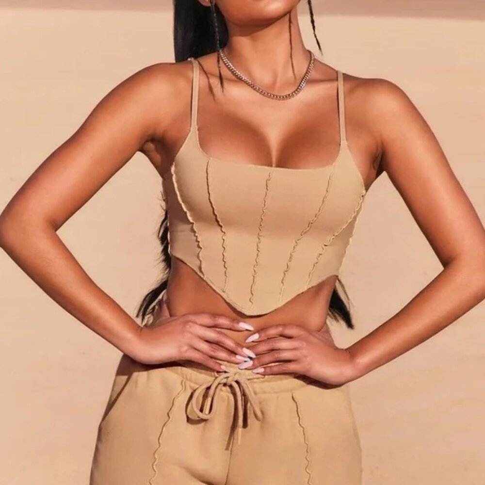 On Point Exposed Seam V Hem Crop Top in Beige